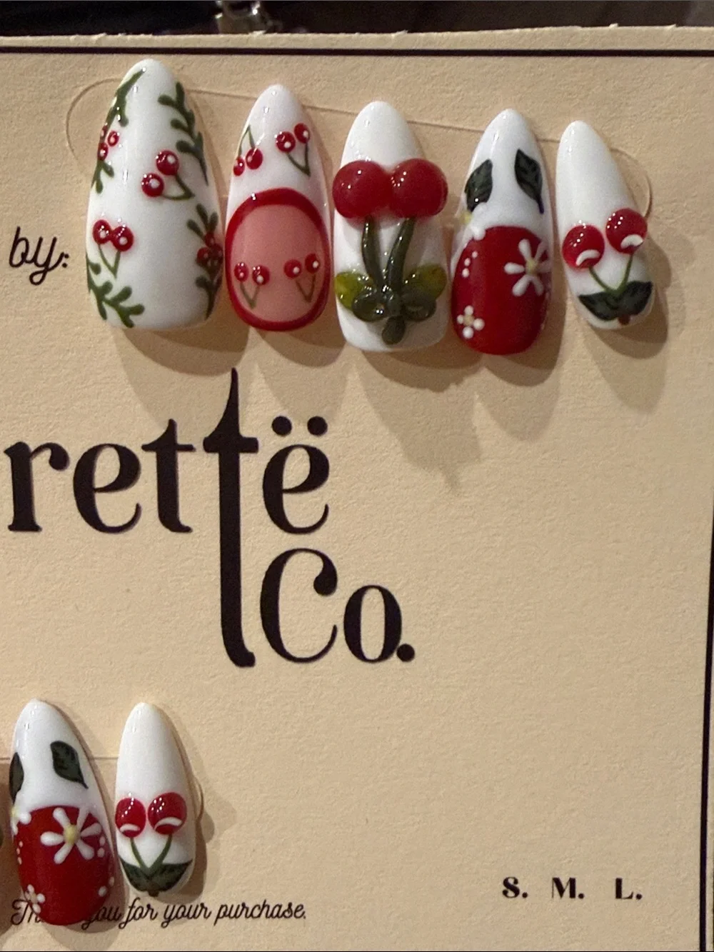 Cherry & Floral handmade acrylic Press-On Nails - White and Red Set
